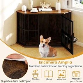Gaiola de canto para cães 114 x 60 x 68 cm com comedouro ajustável, 2 tigelas de aço inoxidável, porta com fechadura e pés ajustáveis, castanho