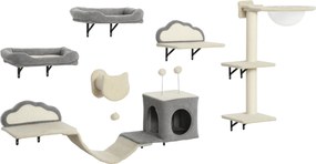 PawHut Arranhadores de parede para Gatos Conjunto de Prateleiras para Gatos de 6 Peças Casinha Rede e Arranhador de Sisal Bege | Aosom Portugal