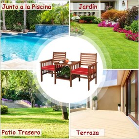 Conjunto de mesa e cadeira de 2 lugares em madeira de acácia para exterior com almofadas para pátio jardim castanho e vermelho