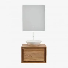 Conjunto De Móveis De Banheiro Em Madeira De Teca Jabari Madeira De Teca & Cimento Redondo Branco Ø40 Cm Zavion & Led Retangular - Sklum