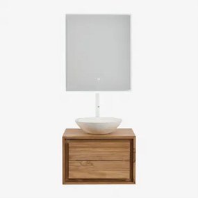 Conjunto De Móvel De Casa De Banho Suspenso Em Madeira De Teca Jabari Madeira De Teca & Cimento Redondo Branco Ø40 Cm Zavion & Led - Sklum