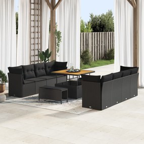 Conjunto de Sofá de Jardim vidaXL com Almofadas Pretas Rattan PE Acaci