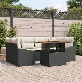 vidaXL Conjunto de Jantar de Jardim de 7 Peças com Almofadas Rattan Preto e Acácia