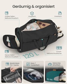 Saco de desporto dobrável muito grande 120 L, com compartimentos para sapatos e para roupa molhada Preto