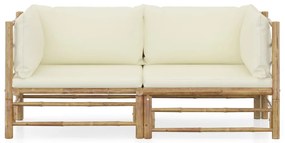 2 pcs conjunto lounge de jardim bambu c/ almofadões branco nata
