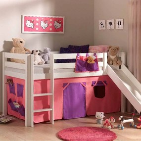 Conjunto Cama alta de Criança PINO 90 x 200 cm + estrado + escada + escorrega + cortina Bella Branca