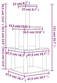 Árvore p/ gatos c/ postes arranhadores sisal 111 cm cinza-claro