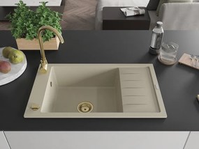 Mexen Elias lava-louça em granito com 1 bacia e escorredor 795 x 480 mm, bege, sifão dourado - 6511791005-69-G