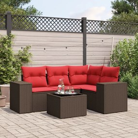 vidaXL 5 pcs conjunto sofás p/ jardim c/ almofadões vime PE castanho