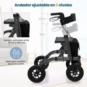 Andarilho dobrável para adultos idosos com assento 24 cm Rodas pneumáticas todo-o-terreno Saco de arrumação Carga 160 kg Preto