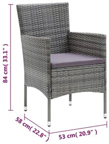 3 pcs conjunto de jantar p/ jardim c/ almofadões vime PE cinza
