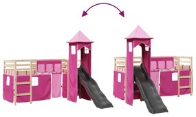 Cama alta para criança com torre 90x190 cm pinho maciço rosa