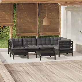vidaXL 7 pcs conjunto lounge jardim c/ almofadões pinho maciço preto