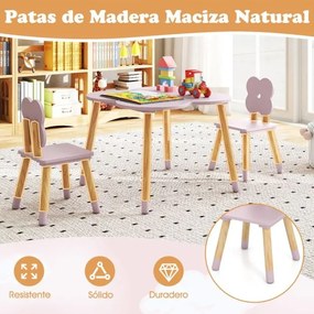 Conjunto de Mesa desenho Flor e Atividades em Madeira e 2 Cadeiras Crianças em Pinho Maciço para Crianças a partir dos 3 Anos, em Rosa e Natural