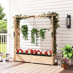 Floreira elevada 196 x 44 x 182 cm em madeira de abeto com treliça, 2 painéis, teto plano, 2 vasos e sistema de drenagem, para jardim, terraço ou páti