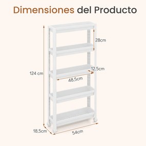 Carrinho de 5 prateleiras, estreito, com rodas suaves 54 x 18,5 x 124 cm em PP Organizador multifuncional para casa de banho, cozinha e lavandaria Bra