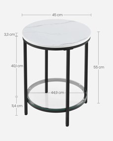 Mesa de apoio de 2 níveis 45 x 55 cm (Ø x H) em imitação mármore branco com moldura preta