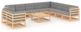 vidaXL 11 pcs conjunto lounge de jardim c/ almofadões pinho maciço