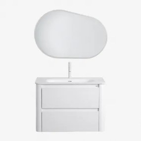 Conjunto De Móvel De Casa De Banho Em Madeira Com Lavatório Integrado Egerton Branco & Oval Led E Anti-embaciamento 100x65 Cm Meunier - Sklum