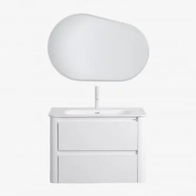 Conjunto De Móvel De Casa De Banho Suspenso 80x50 Cm Em Madeira Com Lavatório Integrado Egerton Branco & Oval Led E Anti-embaciamento 100x80 - Sklum