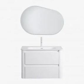 Conjunto De Móvel De Casa De Banho Suspenso Em Madeira Com Lavatório Integrado Egerton Branco & Oval Led E Anti-embaciamento 100x80 Cm Riben - Sklum