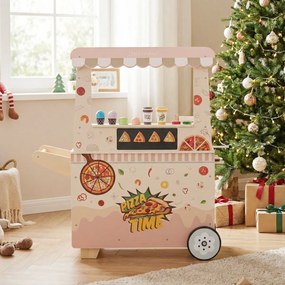 Carrinho de comida infantil em madeira 82 x 33 x 88 cm com forno, quadro magnético, gelataria, máquina de pagamento, tenda móvel com rodas, 3+ anos, r