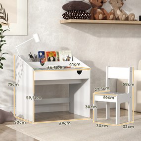 Conjunto de Secretária e Cadeira para Crianças com Gaveta Amovível e Compartimento para Dormitório Sala de Jogos Cinza e Branco