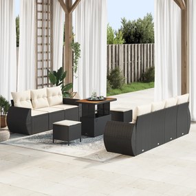 Conjunto de Sofá de Jardim 10 Peças com Almofadas Preto Vime PE Acácia
