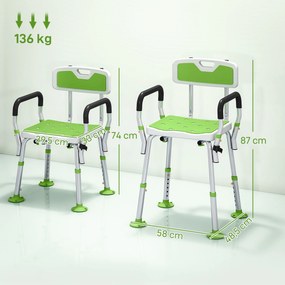 Banco de duche, cadeira de duche ergonómica, altura ajustável, pés antiderrapantes, 56,5 x 53,5 x 87 cm, branco e verde