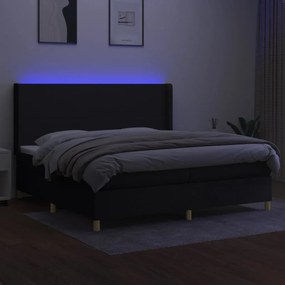 Cama box spring c/ colchão e LED 200x200 cm tecido preto