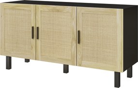 Aparador de arrumação 136 x 41 x 70 cm com portas com efeito de vime, prateleiras ajustáveis, 136 x 41 x 70 cm, preto e madeira natural
