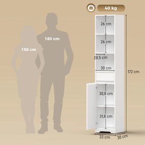Armário Alto de Casa de Banho com Gaveta Design Canelado Prateleira Ajustável Prateleiras Abertas para Espaços Pequenos Branco