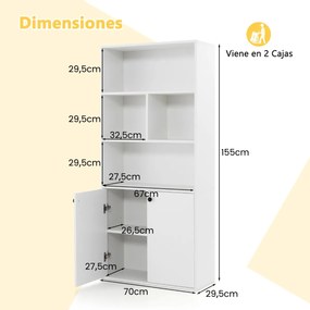 Estante de 5 níveis 70 x 29,5 x 155 cm com portas duplas, cubos abertos e prateleira ajustável 155 cm para sala, quarto, escritório Branco