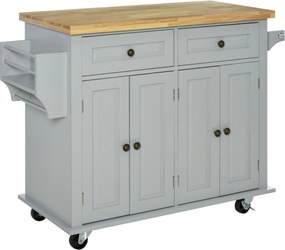 Carrinho Ilha de Cozinha com Rodas 2 Gavetas 4 Portas Suporte para Temperos e Barra Lateral 111x44,5x82,5 cm Cinzento e Madeira