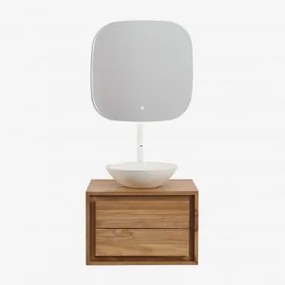 Conjunto De Móveis De Banheiro Em Madeira De Teca Jabari Madeira De Teca & Cimento Redondo Branco Ø40 Cm Zavion & Quadrado Led - Sklum