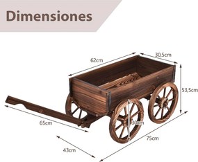 Carrinho floreira de madeira 75 x 43 x 53,5 cm para exteriores decorativo para jardim para plantas com 4 rodas e alça Castanho