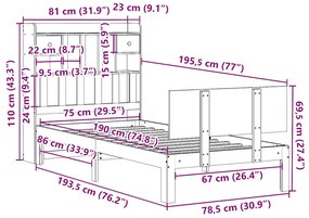 Cama com estante sem colchão 75x190 cm pinho maciço branco
