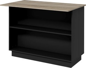 Mesa de apoio para ilha de cozinha com prateleira ajustável (BANCOS NÃO INCUIDOS), 2 compartimentos abertos, 2 armários e bancada com efeito de madeir