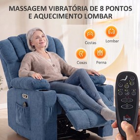 Poltrona Relax Reclinável Elétrico Elevatório com Massagem, Aquecimento, Assento Largo, USB-C/USB-A e Bolsos Azul