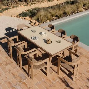 Conjunto De Mesa Retangular 200x100 Cm Com Azulejos Dubai E 8 Cadeiras De Jardim Em Madeira De Acácia E Rattan Sintético Ginara Tapioca Bege - Sklum