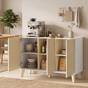 Armário de cozinha 120 L x 35 P x 73,5 A cm, móvel de arrumação de estilo nórdico, 3 portas com fecho suave, 6 compartimentos, cor madeira natural e b