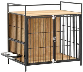 Gaiola para Cães Mesa Auxiliar Moderna com Suporte Giratório com 2 Tigelas para Cães Médios 80x56x76,5 cm Madeira e Preto