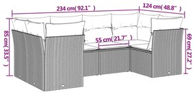 6 pcs conjunto sofás de jardim com almofadões vime cinzento