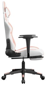 Cadeira gaming com apoio p/ pés couro artificial branco e rosa