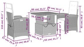 3 pcs conjunto de jantar p/ jardim c/ almofadões vime PE cinza