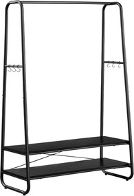 Cabideiro para roupas VASAGLE, cabideiro para casacos, guarda-roupa, vestiário, com 2 prateleiras, 6 ganchos em formato de S, estrutura de aço, para quarto, madeira preta e preto fosco RGR112B03
