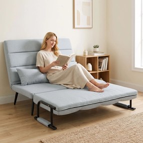 Sofá-cama de 2 Lugares 3 em 1 em Tecido Efeito Linho com Encosto Ajustável Click-Clack, Cinzento-claro