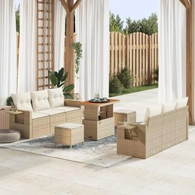 Conjunto de Sofá de Jardim com 9 Peças e Almofadas Bege Polyrattan Acácia