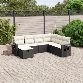 7 pcs conjunto de sofás p/ jardim c/ almofadões vime PE preto