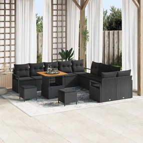 Conjunto de Sofá de Jardim vidaXL 13 Peças com Almofadas Preto Rattan PE Acácia